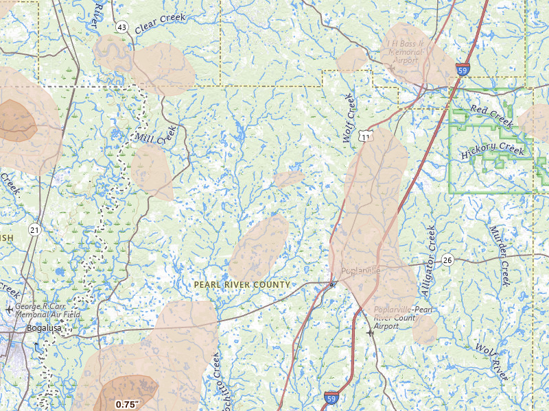 Radar-estimated hail-size map of the storm over Poplarville, MS on Aug 21, 2026