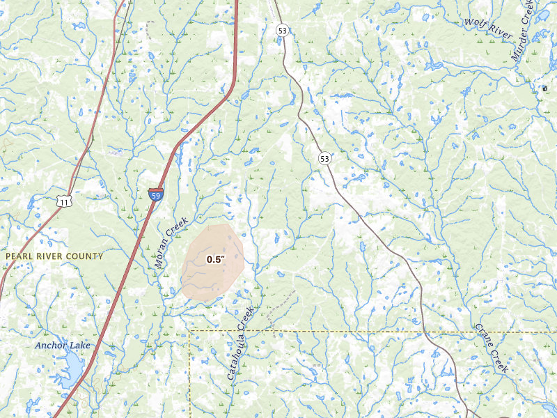 Radar-estimated hail-size map of the storm over Poplarville, MS on Sep 2, 2026