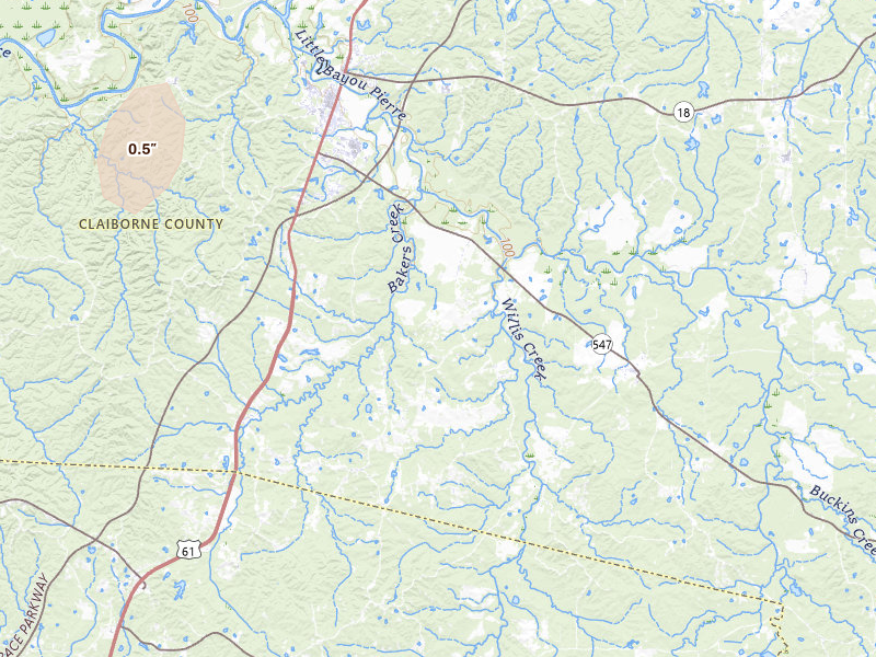 Radar-estimated hail-size map of the storm over Port Gibson, MS on Mar 6, 2026