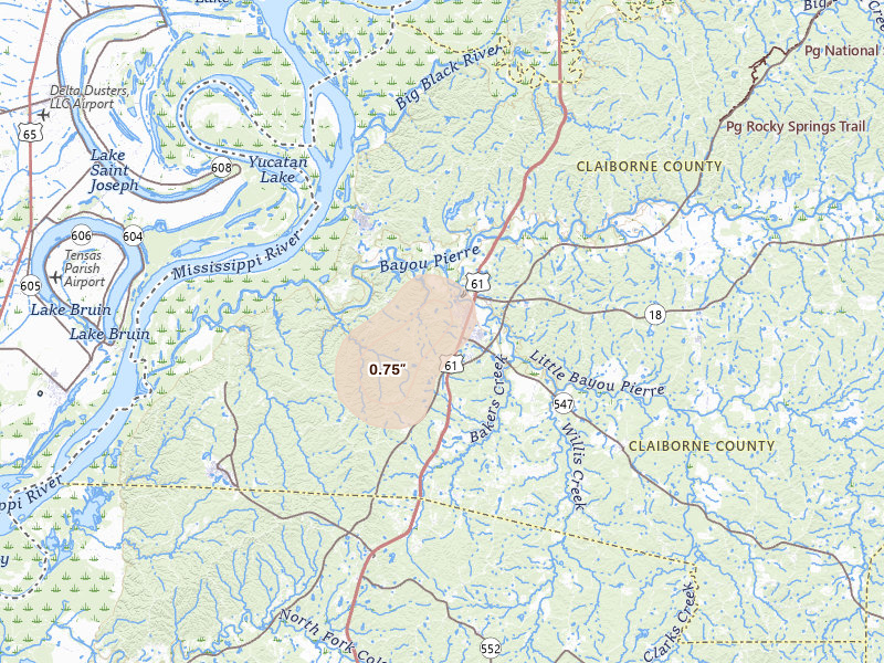 Radar-estimated hail-size map of the storm over Port Gibson, MS on Aug 7, 2026