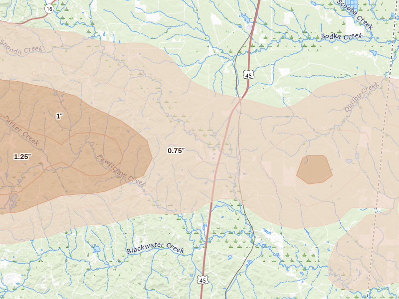 Radar-estimated hail-size map of the storm over Porterville, MS on May 6, 2026