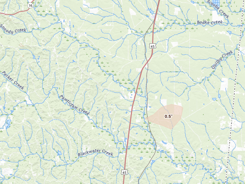Radar-estimated hail-size map of the storm over Porterville, MS on Jul 27, 2026
