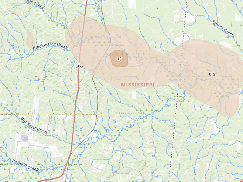 Radar-estimated hail-size map of the storm over Porterville, MS on Aug 20, 2026