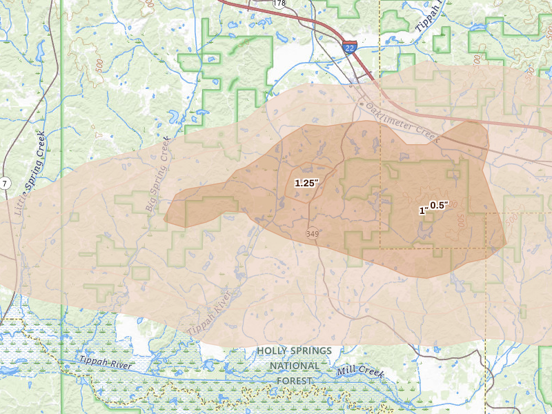 Radar-estimated hail-size map of the storm over Potts Camp, MS on Apr 27, 2026
