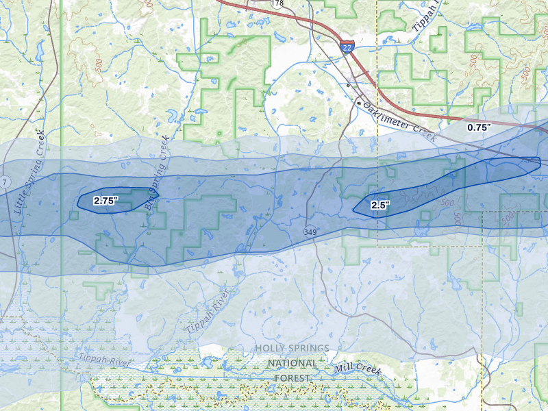 NEXRAD radar-signature map of the hail over Potts Camp, MS