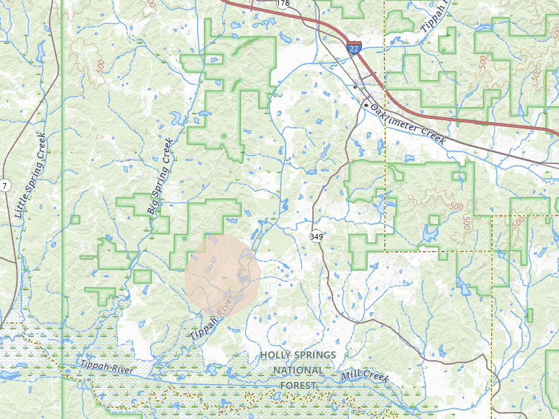 Radar-estimated hail-size map of the storm over Potts Camp, MS on Jul 1, 2026