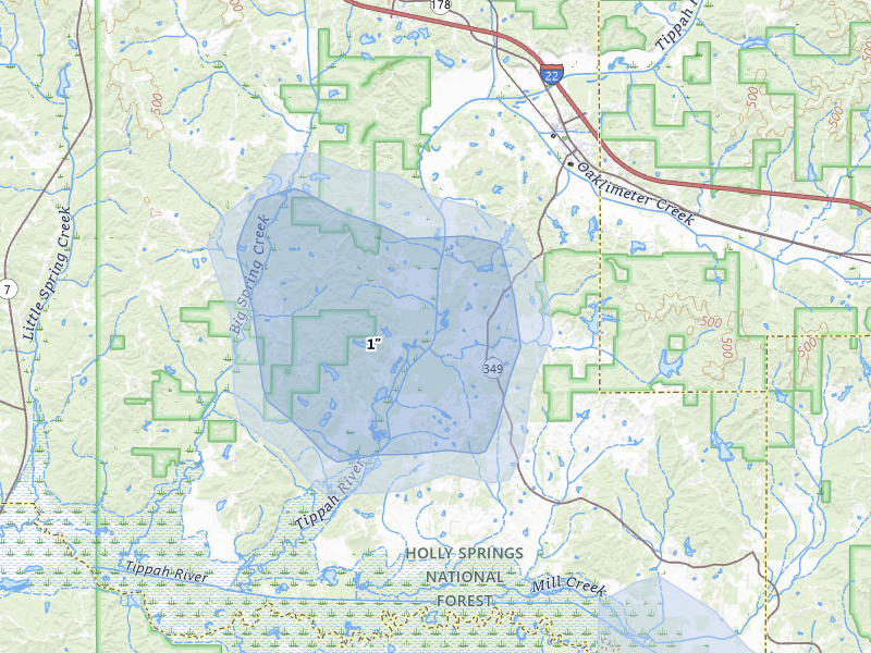 NEXRAD radar-signature map of the hail storm over Potts Camp, MS on Jul 1, 2026