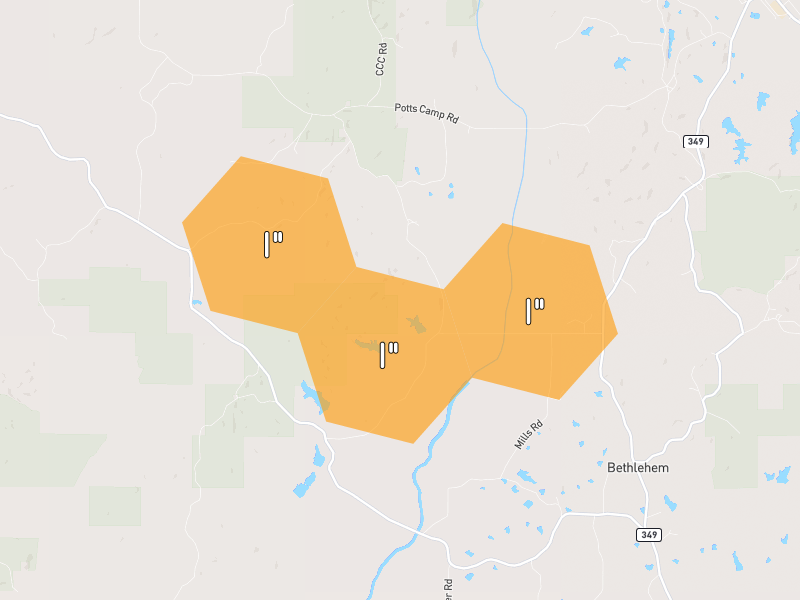 Hail map of Potts Camp, MS on Jul 1, 2026, hail up to 1"