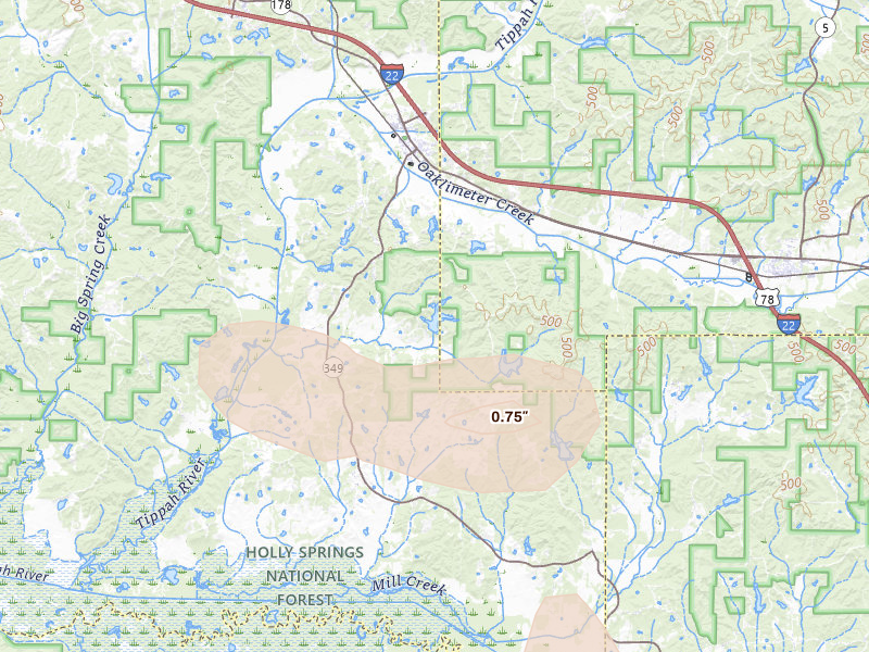 Radar-estimated hail-size map of the storm over Potts Camp, MS on Aug 26, 2026