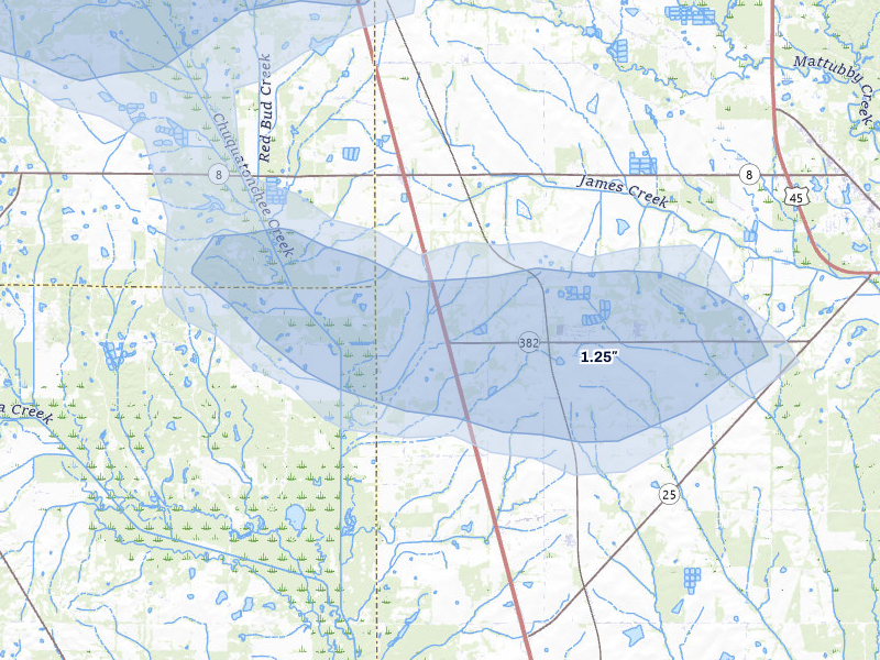 NEXRAD radar-signature map of the hail storm over Prairie, MS on Apr 28, 2026