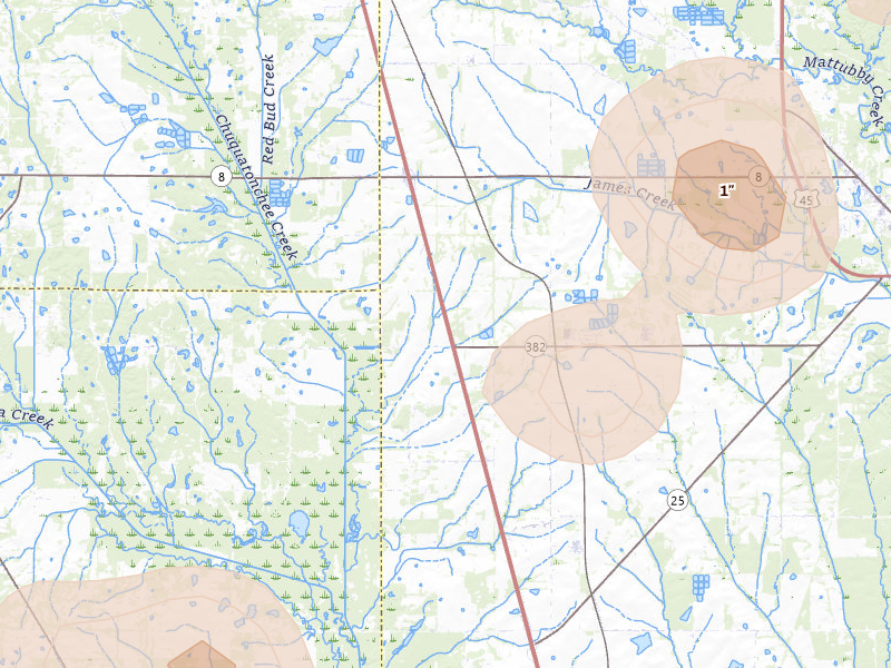 Radar-estimated hail-size map of the storm over Prairie, MS on Jul 1, 2026