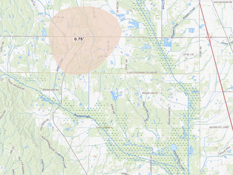 Radar-estimated hail-size map of the storm over Prairie, MS
