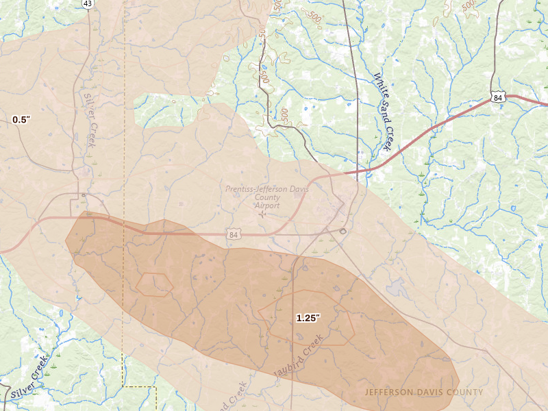 Radar-estimated hail-size map of the storm over Prentiss, MS on Apr 24, 2026