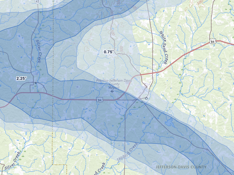 NEXRAD radar-signature map of the hail over Prentiss, MS