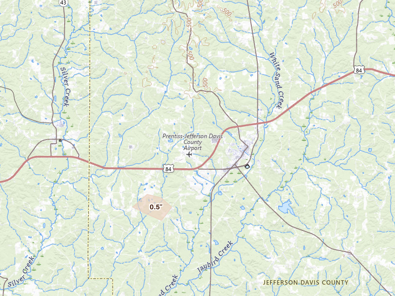 Radar-estimated hail-size map of the storm over Prentiss, MS on Apr 26, 2026