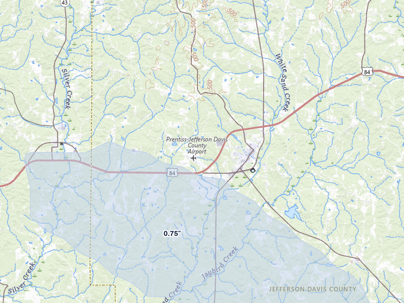 NEXRAD radar-signature map of the hail over Prentiss, MS
