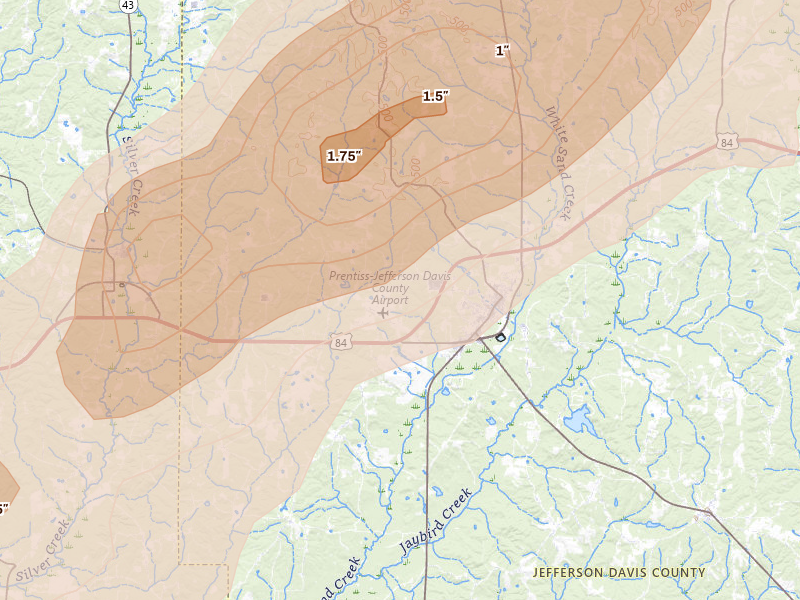Radar-estimated hail-size map of the storm over Prentiss, MS on May 6, 2026