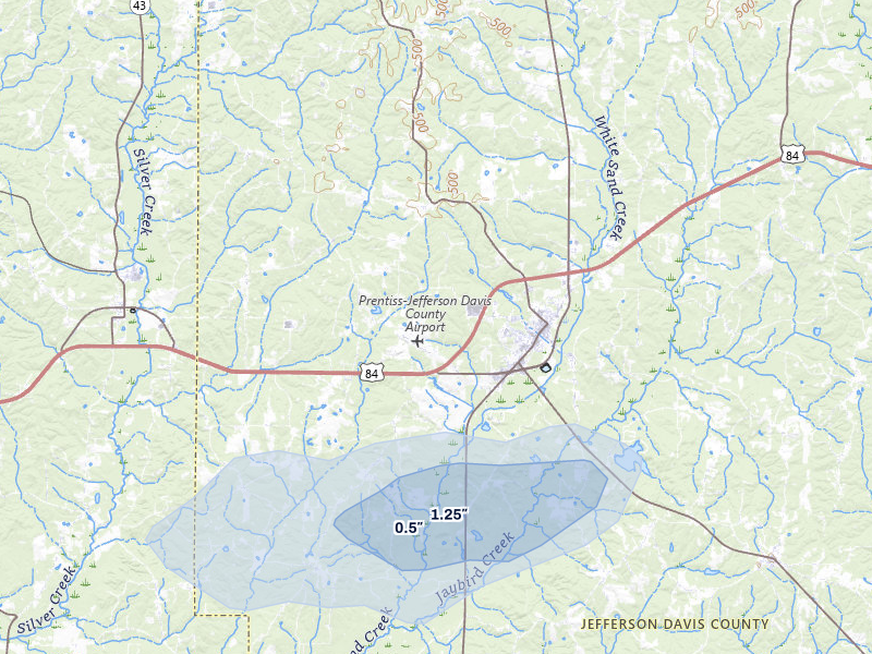 NEXRAD radar-signature map of the hail storm over Prentiss, MS on Jul 1, 2026