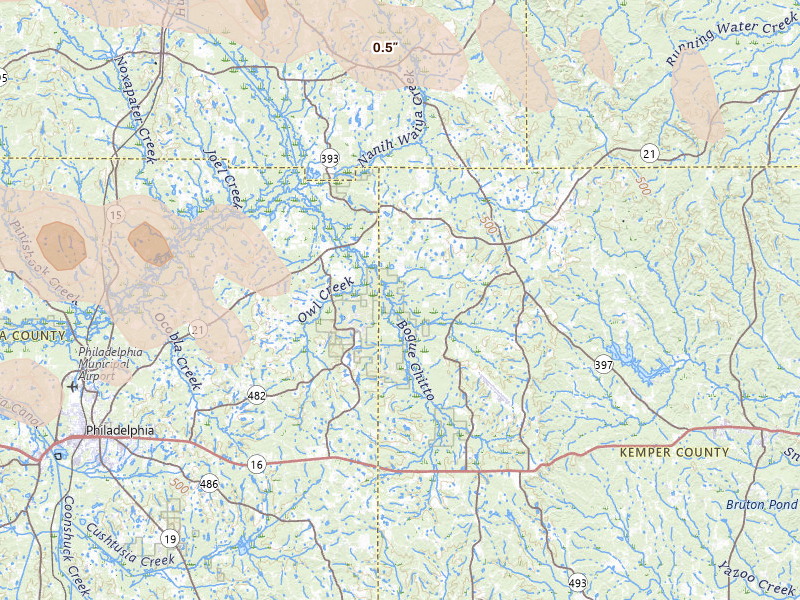 Radar-estimated hail-size map of the storm over Preston, MS on Apr 28, 2026