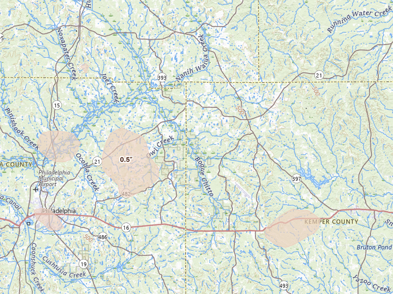 Radar-estimated hail-size map of the storm over Preston, MS on Jun 1, 2026