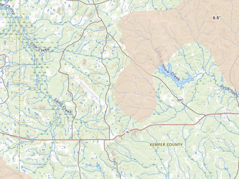 Radar-estimated hail-size map of the storm over Preston, MS on Aug 26, 2026
