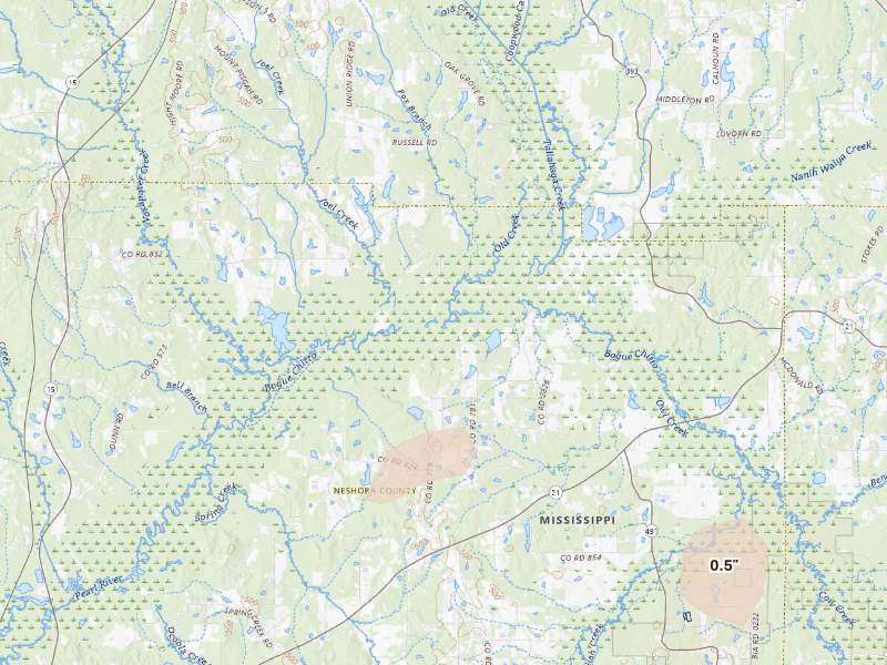 Radar-estimated hail-size map of the storm over Preston, MS