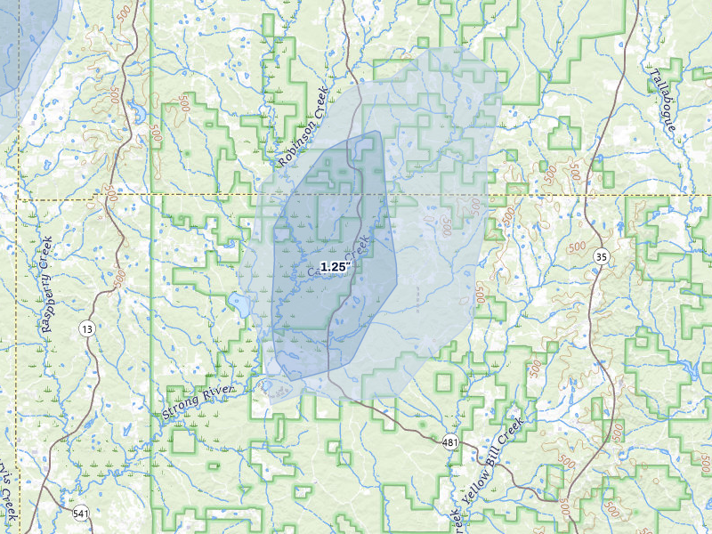 NEXRAD radar-signature map of the hail over Pulaski, MS