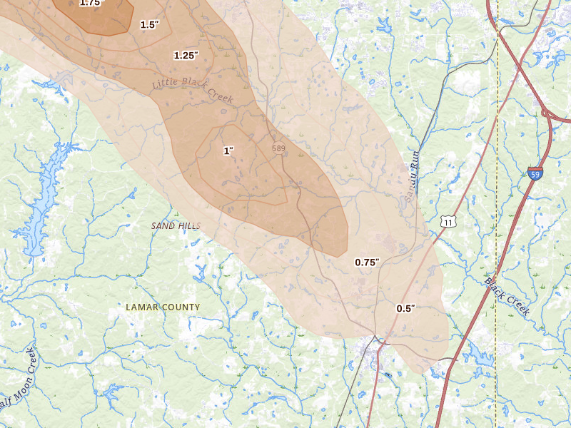 Radar-estimated hail-size map of the storm over Purvis, MS on Apr 24, 2026