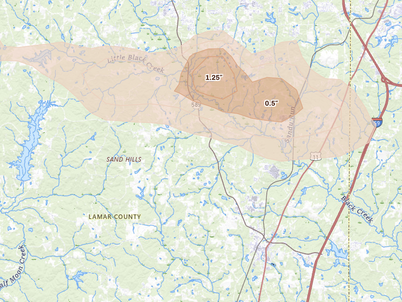 Radar-estimated hail-size map of the storm over Purvis, MS on Apr 26, 2026