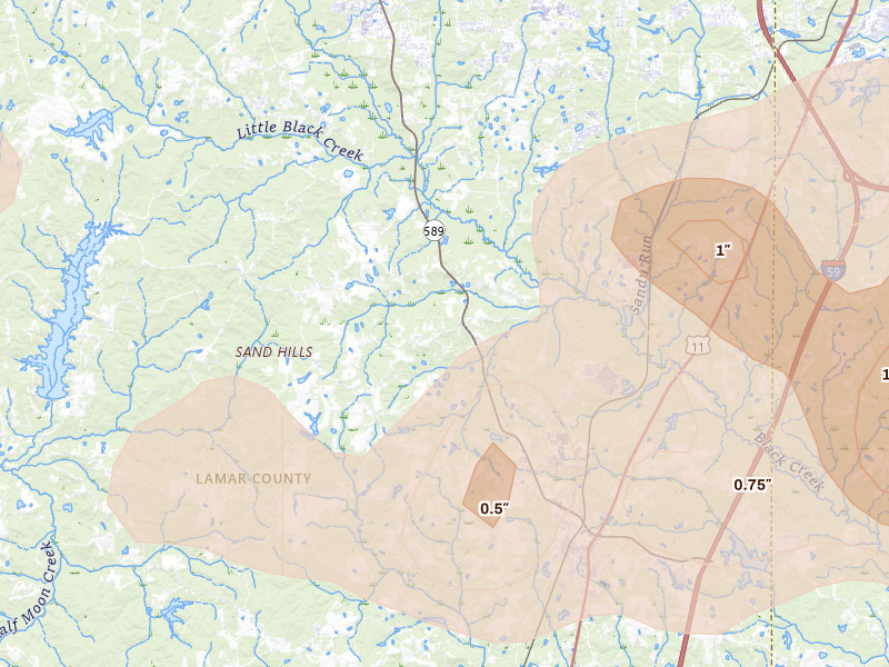 Radar-estimated hail-size map of the storm over Purvis, MS on May 6, 2026