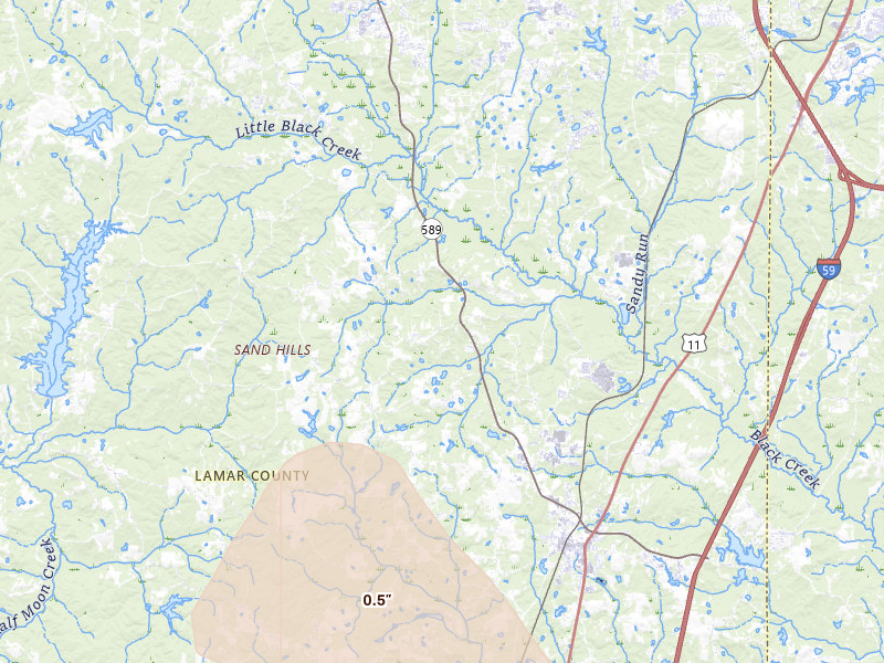 Radar-estimated hail-size map of the storm over Purvis, MS on Jun 19, 2026