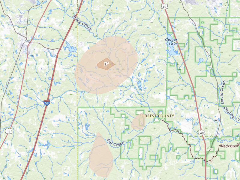 Radar-estimated hail-size map of the storm over Purvis, MS on Aug 6, 2026