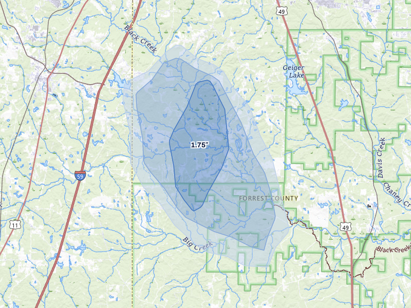 NEXRAD radar-signature map of the hail storm over Purvis, MS on Aug 6, 2026