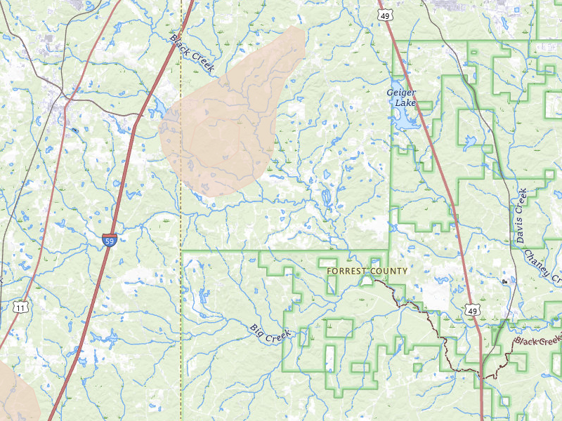 Radar-estimated hail-size map of the storm over Purvis, MS on Aug 21, 2026