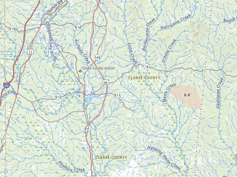 Radar-estimated hail-size map of the storm over Quitman, MS on Jul 1, 2026