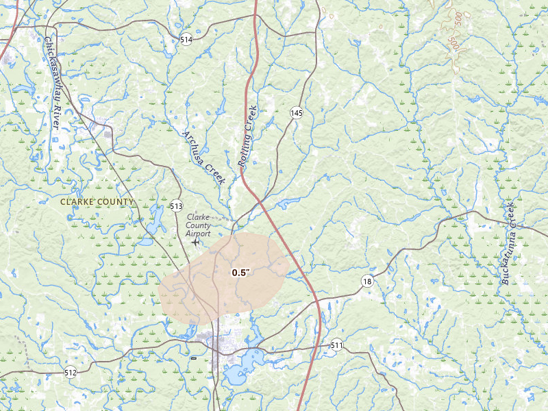 Radar-estimated hail-size map of the storm over Quitman, MS on Aug 20, 2026