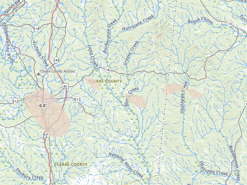 Radar-estimated hail-size map of the storm over Quitman, MS on Aug 24, 2026