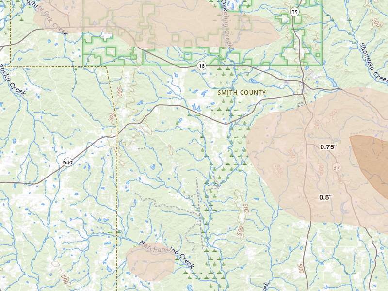Radar-estimated hail-size map of the storm over Raleigh, MS on Apr 29, 2026