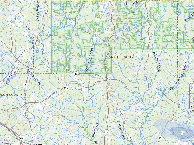 NEXRAD radar-signature map of the hail storm over Raleigh, MS on May 10, 2026