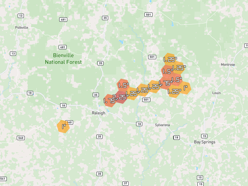 Hail map of Raleigh, MS on Jun 2, 2026, hail up to 2.25"