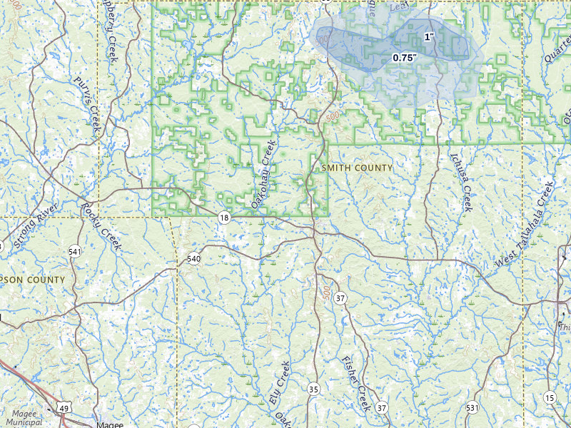 NEXRAD radar-signature map of the hail storm over Raleigh, MS on Jul 30, 2026