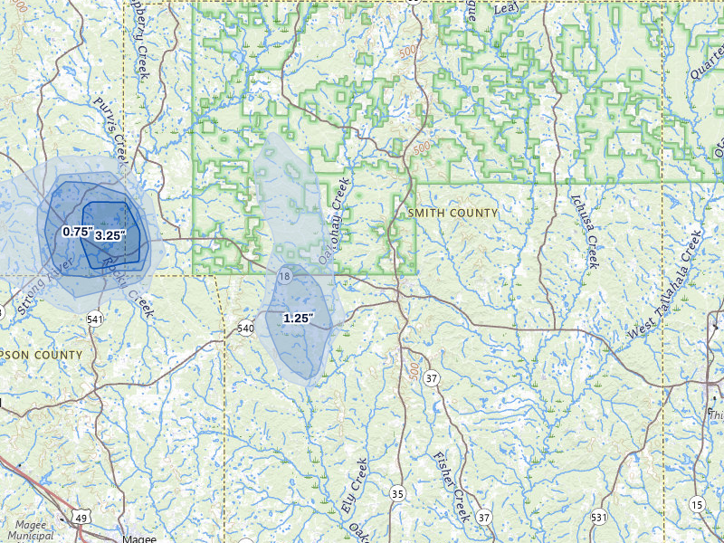 NEXRAD radar-signature map of the hail storm over Raleigh, MS on Aug 6, 2026