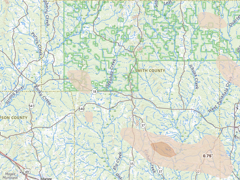 Radar-estimated hail-size map of the storm over Raleigh, MS on Aug 21, 2026