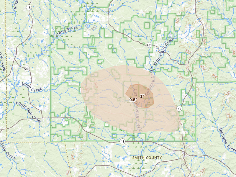 Radar-estimated hail-size map of the storm over Raleigh, MS on Aug 26, 2026