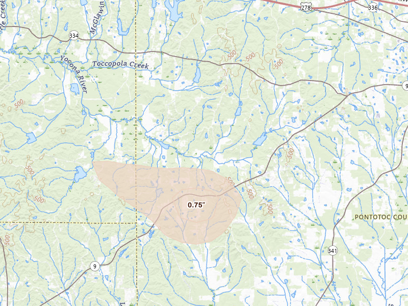 Radar-estimated hail-size map of the storm over Randolph, MS on Jul 1, 2026