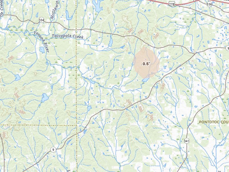Radar-estimated hail-size map of the storm over Randolph, MS on Jul 4, 2026