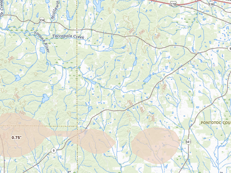 Radar-estimated hail-size map of the storm over Randolph, MS on Jul 31, 2026