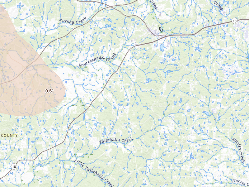 Radar-estimated hail-size map of the storm over Raymond, MS on Apr 25, 2026