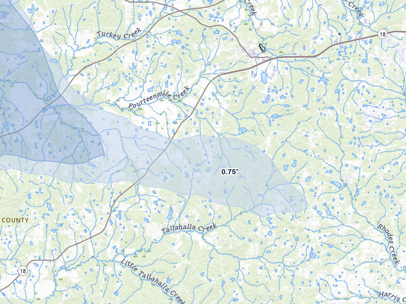 NEXRAD radar-signature map of the hail over Raymond, MS