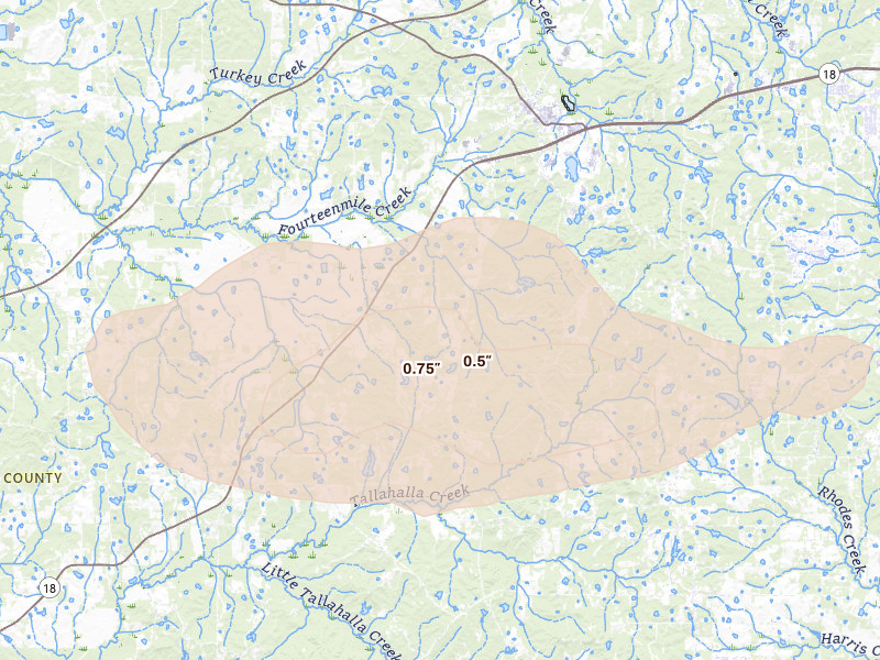 Radar-estimated hail-size map of the storm over Raymond, MS on Apr 29, 2026